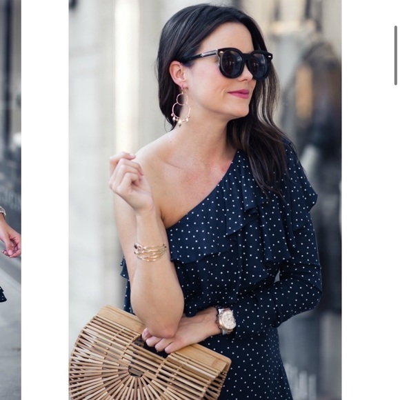 WAYF one shoulder ruffle blue white polka dot mini dress M - Picture 4 of 12